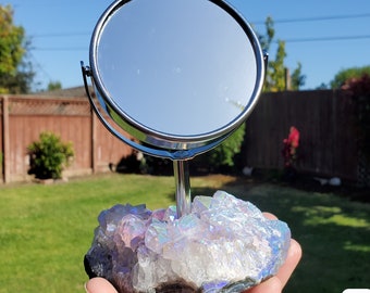Aura Quartz Cluster Mirror - Counteracts Negative, Energizes Positive Energy - Rainbow Cluster Heart Healing Stone Crystals Gemstones