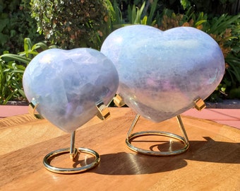 Aura Blue Calcite Heart on Stand - Soothing, Transmutes Negativity, Protective, Dream Recall - Calcite Crystal Heart Healing Gemstones