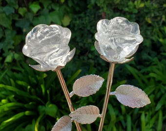Clear Quartz Long Stem Rose - Master Healer, Counteracts the Negative, Energizes Positive Energy - Clear Quartz Rose Healing Stone Statement