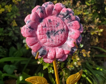 Rhodonite Sunflower on Stand - Self Love, Balance, Joy, Happiness - Pink and Black Crystal Flower Healing Crystal Gemstones