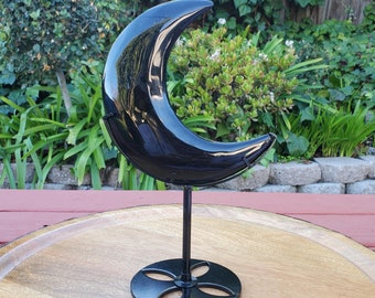 Big Obsidian Moon on Black Stand - Self Reflection, Release Negative Energies - Obsidian Black Moon Witchy Decor Healing Crystals Gemstone