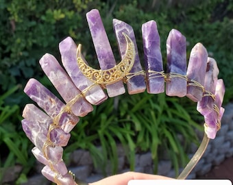 Dream Amethyst Crown with Moon - Calming, Energetic Protection, Positivity, Divine Love - Amethyst Crystal Crown Goddess Headpiece
