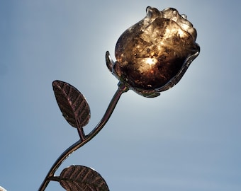 Smoky Quartz Rose on Stem - Protective, Filters Out Bad Energy - Smokey Quartz Crystal Flower Stone Healing Gemstone