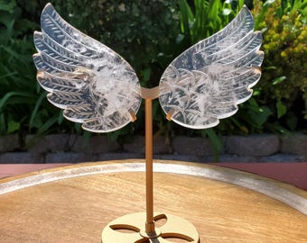 Clear Quartz Angel Wings on Gold Stand - Magnifies Intentions, Energizes Positive, Transmutes Negativity - Quartz Wings Crystal Statement