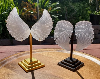 Selenite Angel Wings on Stand - Tranquility, Blessings, Love & Light - Satin Spar Selenite Wings Healing Stone Crystals