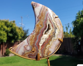 Pink Lace Agate Moon on Stand - Balance of the Physical, Mental & Emotional - Pink Moon Crystal Carving Healing Gemstone