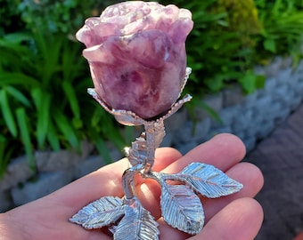 Standing Lepidolite Flower with Silver Stem - Helps You Through Change, Anti-Anxiety, Calming - Purple Flower Carving Healing Stone