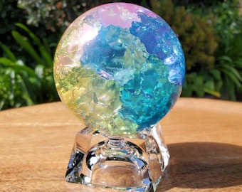 Big Rainbow Crackle Sphere with Glass Stand - Light Reflecting One of a Kind Crystal Ball - 3.05" Crystal Ball Statement Home Decor