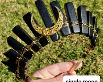 Obsidian Crown with Gold Moon - Self Reflection, Release Negative Energies - Black and Gold Goddess Crown Healing Crystals Headband