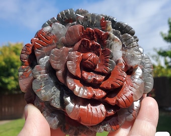 Big African Bloodstone Rose - Calming, Grounding, Persistence, Courage - Black and Red Crystal Flower Carving Statement or Paperweight