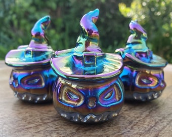 Aura Obsidian Pumpkin with Witch Hat - Self Reflection, Release Negative Energies - Aura Pumpkin Carving Healing Crystals Halloween