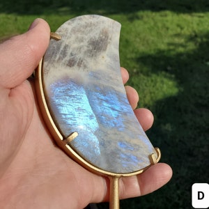 Gold & Blue Flashy Moonstone Moon on Stand - Uplifting, Raises Vibration, Feminine Energy, Empowering - Flashy Crystal Moon Healing Gemstone