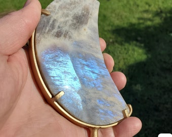 Gold & Blue Flashy Moonstone Moon on Stand - Uplifting, Raises Vibration, Feminine Energy, Empowering - Flashy Crystal Moon Healing Gemstone