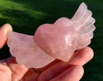 Rose Quartz Heart Wings - Unconditional Love, Compassion, Forgiveness - Pink Crystal Heart with Angel Wings Healing Crystals