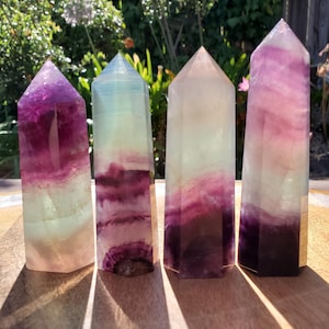 Rainbow Fluorite Tower - Stability, Concentration, Protection - Purple Banded Fluorite Crystal Point Healing Gemstone