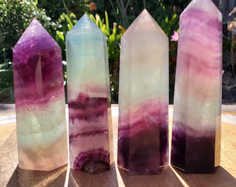 Rainbow Fluorite Tower - Stability, Concentration, Protection - Purple Banded Fluorite Crystal Point Healing Gemstone