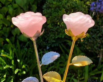 Rose Quartz Long Stem Rose - Unconditional Love, Compassion, Self Love - Pink Crystal Rose Bud with Silver Or Gold Metal Stem