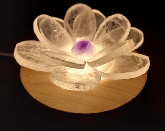 Selenite Flower with Amethyst Center Accent Light - Tranquility, Blessings, Love & Light - Satin Spar Crystal Flower Gemstone on Wood Base