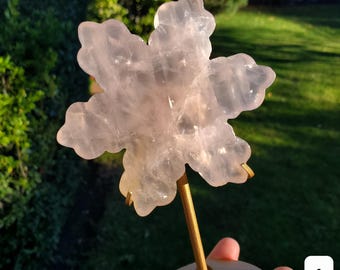 Rose Quartz Snowflake on Stand - Unconditional Love, Compassion, Forgiveness - Pink Snowflake Healing Crystals Gemstone Holiday Decor