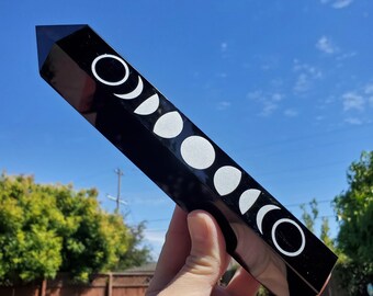 Big Obsidian Tower with Silver Moon Phase - Self Reflection, Release Negative Energies - 8" Obsidian Black Statement Healing Gemstones
