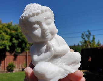 Chunky White Jade Buddha - Brings in Joy, Peace, Calm & Love Energy - Flashy White Buddha Stone Carving Healing Gemstones