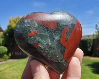 Chunky African Bloodstone Heart- Calming, Grounding, Persistence, Courage - Black and Red Crystal Heart Carving Crystal Gemstone