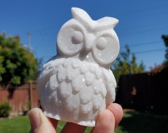 Chunky White Jade Owl - Brings in Joy, Peace, Calm & Love Energy - Flashy White Owl Stone Carving Healing Gemstones