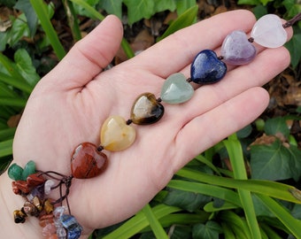 Crystal Hearts Car Charm - Grounding, Manifestation, Self Reflection, Prosperity, Wisdom, Strength, Awareness - Chakra Hanging Heart Charm
