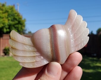 Pink Banded Calcite Heart with Wings - Emotional Healing, Pure Love, Happiness, Soothing - Crystal Heart Stone Healing Crystals Gemstones