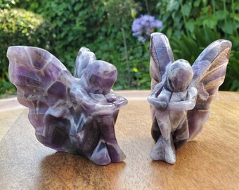 Dream Amethyst Fairy - Calming, Energetic Protection, Positivity - Purple Amethyst Sitting Fairy Carving Healing Crystal Gemstone