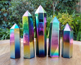 Aura Obsidian Tower - Self Reflection, Release Negative Energies, Balance - Rainbow Aura Point Healing Crystals Gemstones