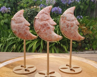Sunstone Moon on Stand - Uplifting, Excitement, Creativity, Carries Energy of the Sun - Flashy Crystal Moon Healing Gemstone