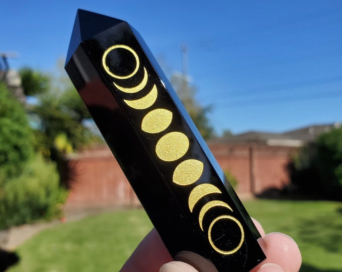 Featured listing image: Small Obsidian Tower with Gold Moon Phase - Self Reflection, Release Negative Energies - 3.7" Obsidian Point Healing Gemstones