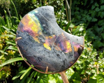 Flashy Labradorite Moon on Stand - Awareness, Connection, Intuition - Rainbow Flash Lab Stone Healing Statement Crystal Display