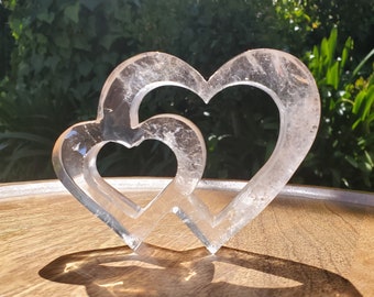 Big Quartz Double Open Hearts - Counteracts the Negative, Energizes Positive Energy, Cleanses Aura - Clear Quartz Crystal Heart Stone