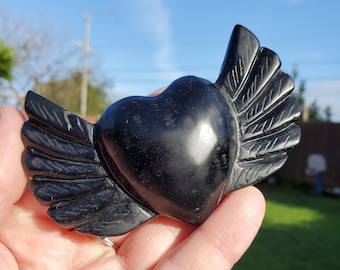 Obsidian Heart Wings - Self Reflection, Release Negative Energies - 3.90" Obsidian Black Heart Healing Crystals Gemstones