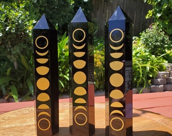 Big Obsidian Tower with Gold Moon Phase - Self Reflection, Release Negative Energies - Obsidian Black Statement Healing Gemstones Home Decor