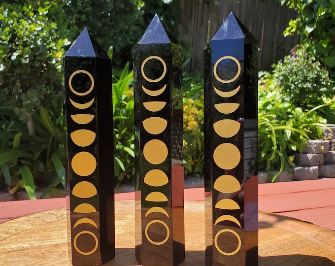 Featured listing image: Big Obsidian Tower with Gold Moon Phase - Self Reflection, Release Negative Energies - Obsidian Black Statement Healing Gemstones Home Decor