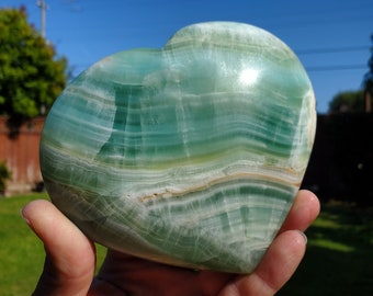 Big Pistachio Calcite Heart - Physical Healing, Transitions, Understanding - Jumbo Calcite Crystal Heart Healing Statement Gemstone