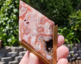 Pink Lace Agate Diamond on Stand - Balance Physical, Mental, Emotional - Pink Agate Crystal Diamond Healing Gemstones