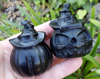 Obsidian Pumpkin with Witch Hat - Self Reflection, Release Negative Energies - Obsidian Jack O Lantern Crystal Gemstones Halloween Decor