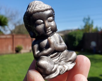 Cute Silver Sheen Obsidian Buddha - Self Reflection, Release Negative Energies - Obsidian Buddha Crystal Healing Gemstone