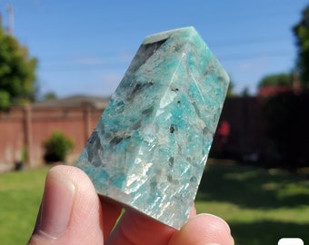 Amazonite Tower with Smoky Quartz - Calming, Courage, Truth, Compassion - Amazonite Crystal Point Generator Healing Gemstones