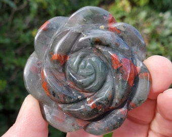 African Bloodstone Rose - Calming, Grounding, Persistence, Courage - Black and Red Crystal Flower Carving Healing Gemstone