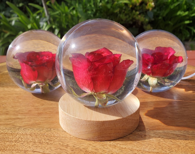 Featured listing image: Red Rose Resin Sphere with Light Base | Handmade Resin Craft with Real Rose Inside - Home Décor Night Light, Accent Lighting