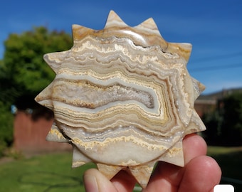 Yellow Lace Agate Sun - Strength, Courage, Emotional Stability - Yellow Crystal Sun Carving Healing Gemstone