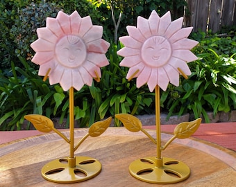 Happy Pink Opal Sunflower on Stand - Activates Heart Chakra, Strengthens Connection To Yourself, Individuality - 8" Pink Crystal Sunflower