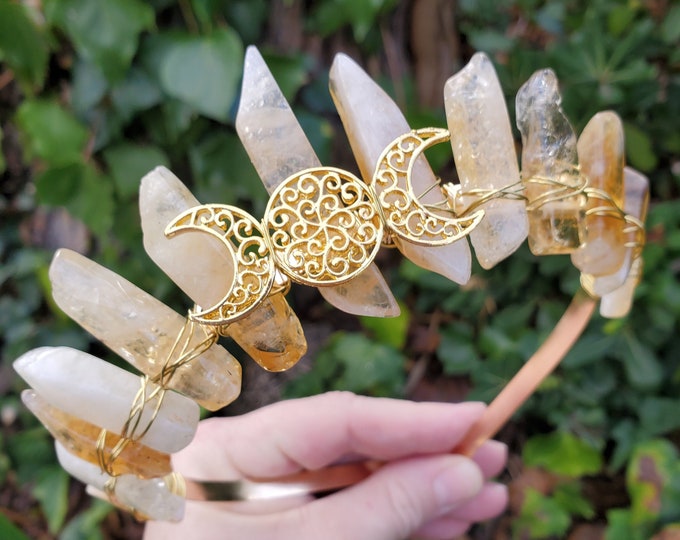 Featured listing image: Citrine Crown with Gold Moon Phase - Abundance, Energizing, Creativity, New Beginnings - Citrine Goddess Crown Divine Healing Gemstone