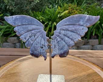 Moss Agate Butterfly Wings on Stand - Balance, Grounding, Reflection, New Beginnings - Agate Crystal Butterfly Wings Healing Gemstone