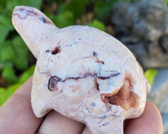 Druzy Pink Lace Agate Turtle - Balance Physical, Mental, Emotional - Pink Agate Crystal Turtle Carving Healing Gemstone